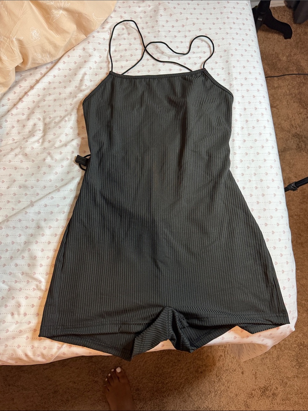SHEIN Olive Green Ribbed Spaghetti-Strap Romper